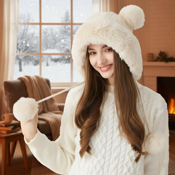 Women Beige Winter Sherpa Beanie Hats Knit Ear Flaps Peruvian Cover Ears main image 8